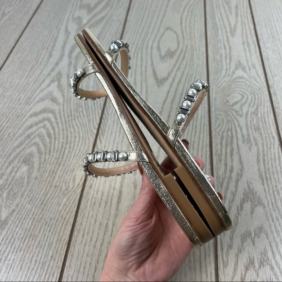 Stuart Weitzman Aleena Shine Pearl & Gem Embellished Flat Sandals 9 Platino $450 - Picture 6 of 11